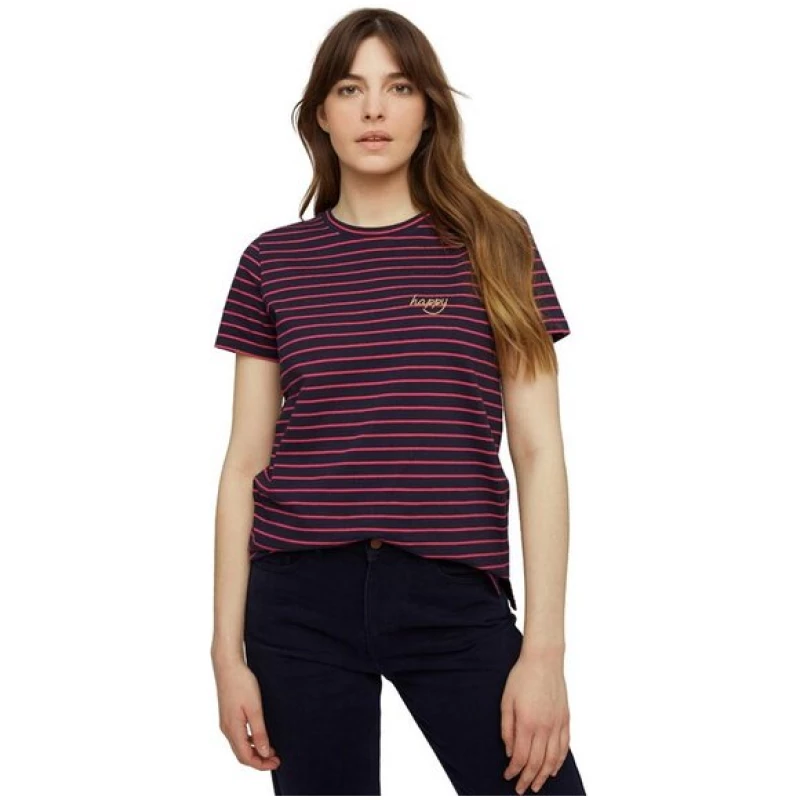 People Tree Damen-T-Shirt "Happy Embroidered Stripe Tee"