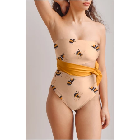 Averie Damen vegan Badeanzug Side-Tie One-Piece Bea Bumblebee Print On Creme