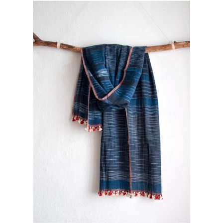 Raani Blauer Schal aus Bio-Baumwolle mit Bommeln - Meer