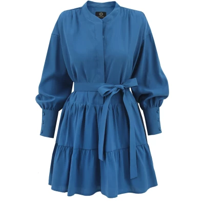 Belted Mini Flare Dress Longsleeve - Blue