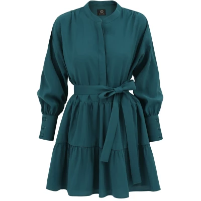 Belted Mini Flare Dress Longsleeve - Green