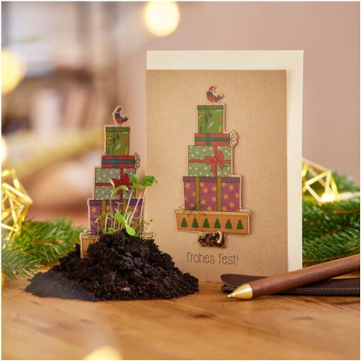 Die Stadtgärtner Nachhaltige Weihnachtskarte zum Einpflanzen mit Geschenk-Motiv inkl. Umschlag | Grußkarte Weihnachten mit Saatgut | Weihnachtsgrußkarte zum Verschenken | Klappkarte mit Aufschrift Frohes Fest