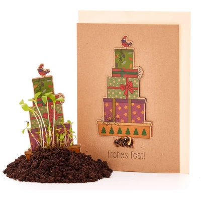 Die Stadtgärtner Nachhaltige Weihnachtskarte zum Einpflanzen mit Geschenk-Motiv inkl. Umschlag | Grußkarte Weihnachten mit Saatgut | Weihnachtsgrußkarte zum Verschenken | Klappkarte mit Aufschrift Frohes Fest