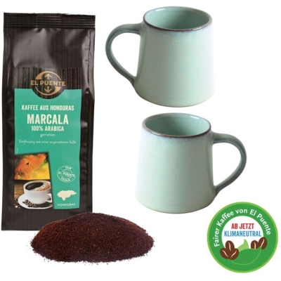 El Puente "Have a cup of coffee with me" Geschenk-Set mit Fair Trade Bio-Kaffeebohnen und Handmade Keramik Bechern