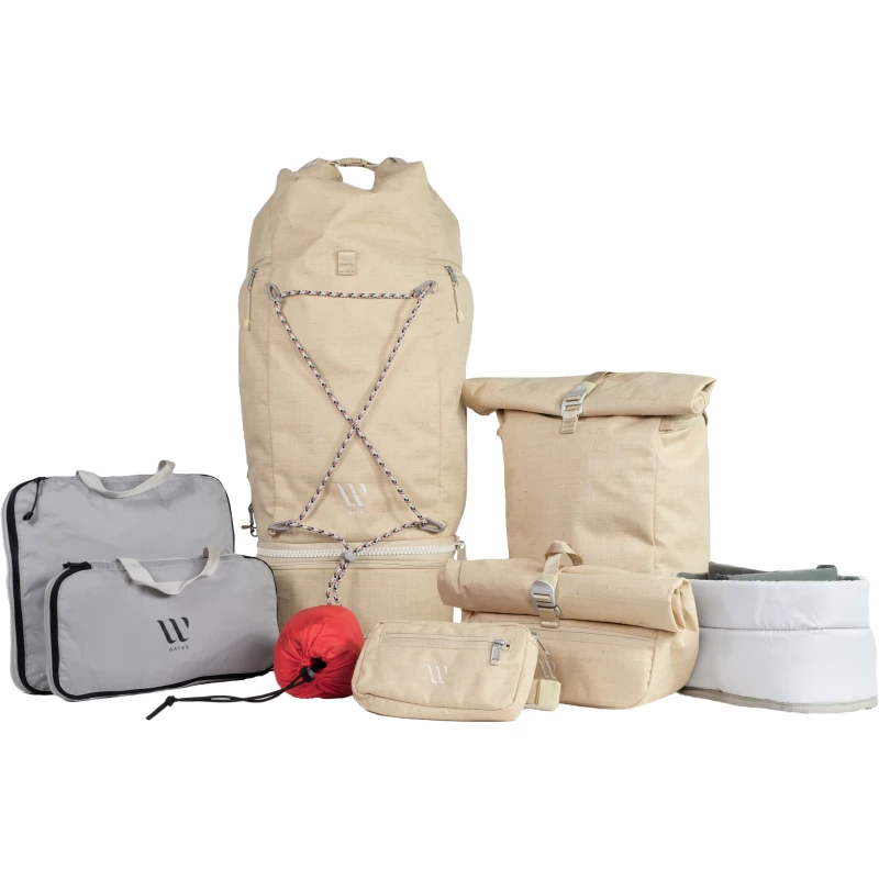 Wayks The Globetrotter Bundle Compact Modularer Reiserucksack Set beige sand