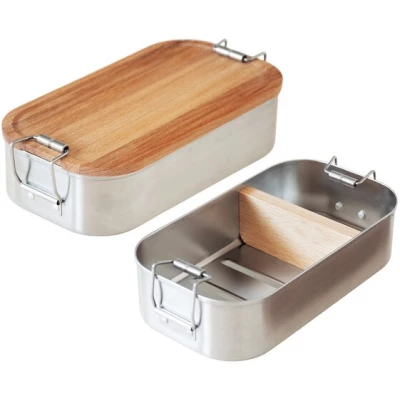 Cameleon Pack EDELSTAHL Lunchbox mit Deckel und Trennsteg aus heimischem Buchen Holz