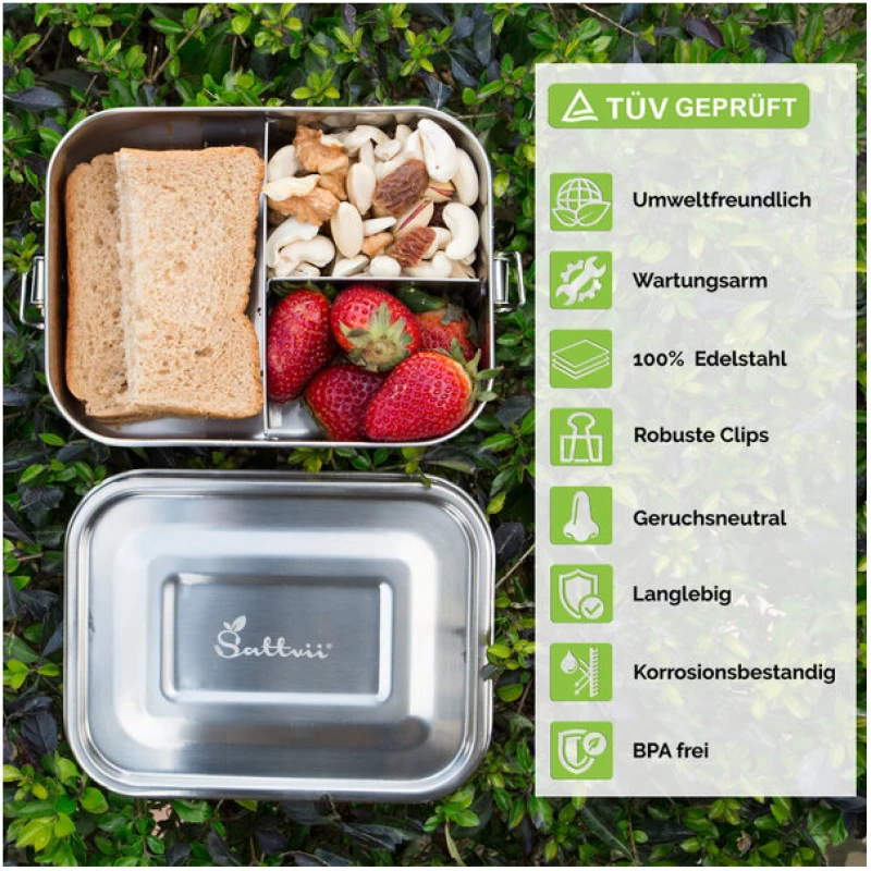 Sattvii® Klimaneutrale Edelstahl Bento Box | Brotdose mit Trennwänden