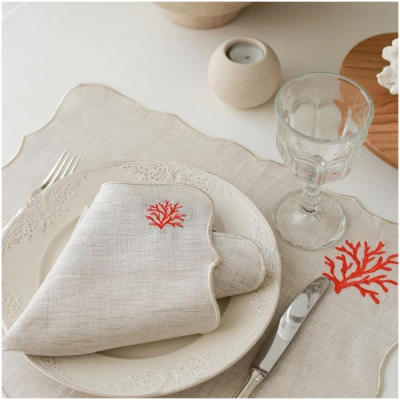 Coral Embroidery Linen Napkins (Set of 2)