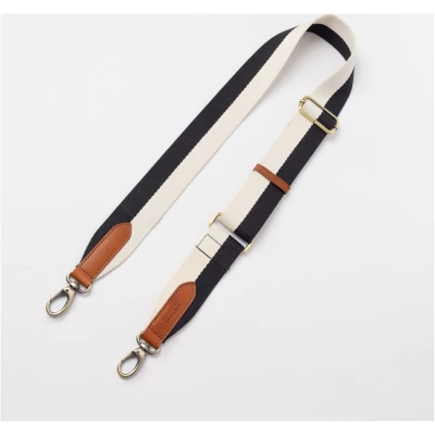 Striped Webbing Strap - Black White / Cognac Classic Leather - Add-on Detachable And Adjustable Crossbody Strap