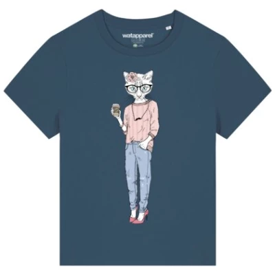 watapparel T-Shirt Frauen Hipster Cat with Moustache