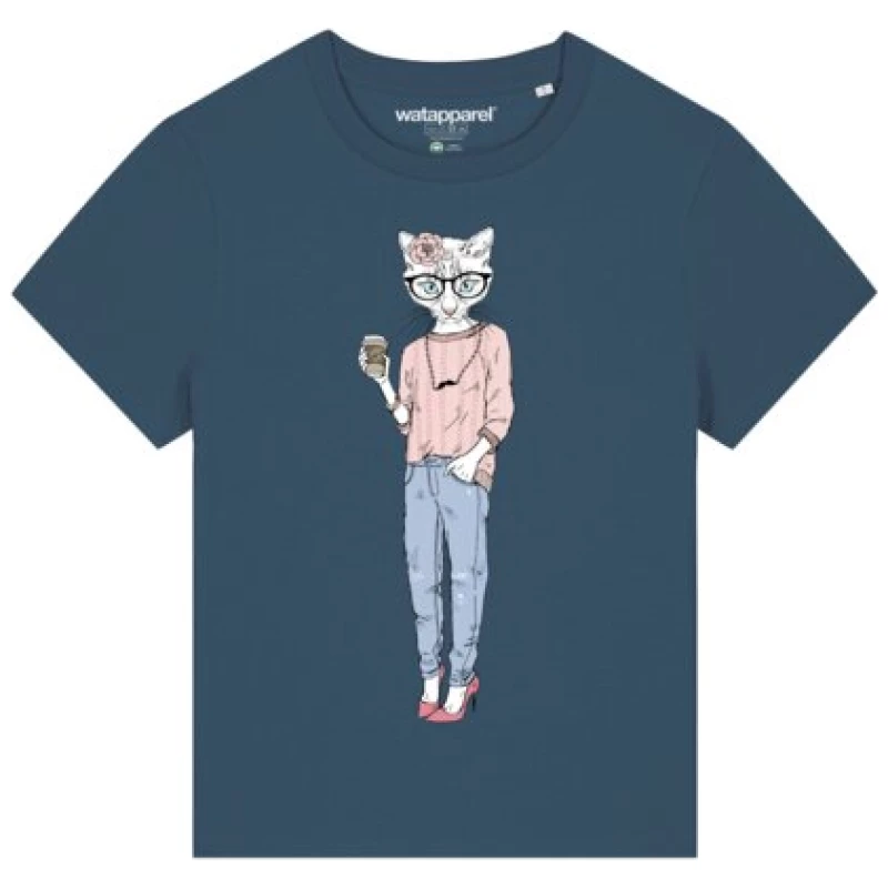 watapparel T-Shirt Frauen Hipster Cat with Moustache