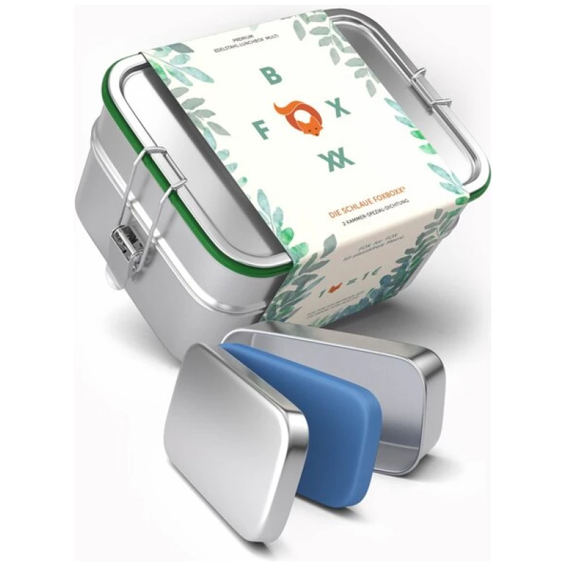 FOXBOXX ÖKO Edelstahl Snackbox 150ml mit 2 Deckel (BIO Silikon türkis + Metall) dicht / auslaufsicher