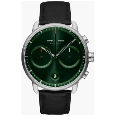 Nordgreen Copenhagen Chronograph Pioneer Silber Uhr | Green Sunray Ziffernblatt - Lederarmband