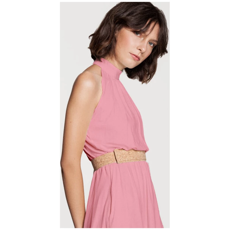 SinWeaver alternative fashion Knielanges Kleid Stehkragen tailliert Raffung ärmellos Viskose weiß oder rosa
