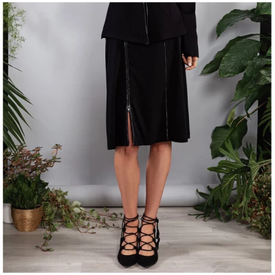 SinWeaver alternative fashion Kurzer Rock schwarz Beistiftrock mit Streifen und Schlitz regulierbar