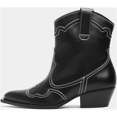 Vegan Stitchy Cowboy Boots Black - Corn Leather