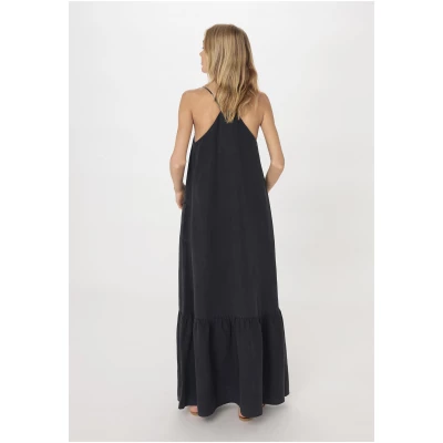 hessnatur Damen Kleid Maxi Relaxed aus TENCEL™ Lyocell mit Leinen - schwarz - Größe 34