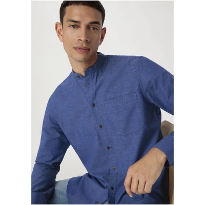 hessnatur Herren Hemd Regular aus Bio-Baumwolle mit Hanf und Yak - blau - Größe S (39/40)
