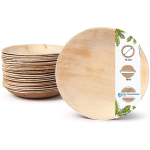 BIOZOYG 100 Stück Einwegteller Ø 15cm Palmblatt-Teller, rund, biologisch abbaubar, umweltfreundlich, kompostierbar, wiederverwertbar, Wegwerfteller