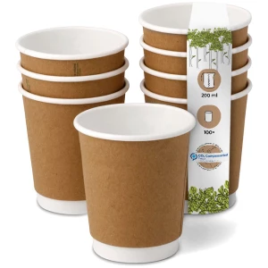 BIOZOYG 100 Stück Kaffee To Go Becher braun bedruckt 200ml / 8oz Einwegbecher Pappbecher doppelwandig für heiße Getränke biologisch abbaubar