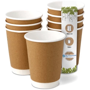 BIOZOYG 100 Stück Kaffee To Go Becher braun bedruckt 300ml / 12oz Einwegbecher Pappbecher doppelwandig für heiße Getränke biologisch abbaubar
