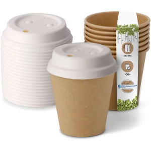 BIOZOYG 100 Stück Kaffeebecher mit passenden Pappdeckeln 150ml / 6oz Einwegbecher Pappbecher Kaffeetassen ungebleicht kompostierbar nachhaltig