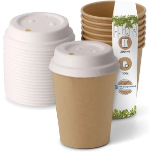 BIOZOYG 100 Stück Kaffeebecher mit passenden Pappdeckeln 200ml / 8oz Einwegbecher Pappbecher Kaffeetassen ungebleicht kompostierbar nachhaltig