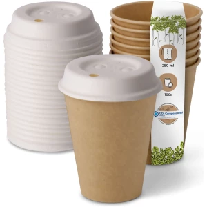 BIOZOYG 100 Stück Kaffeebecher mit passenden Pappdeckeln 250ml / 10oz Einwegbecher Pappbecher Kaffeetassen ungebleicht kompostierbar nachhaltig