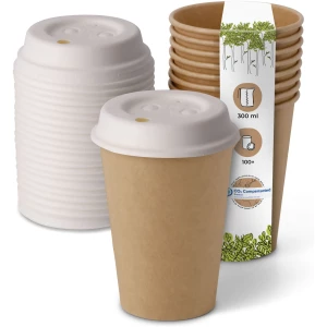 BIOZOYG 100 Stück Kaffeebecher mit passenden Pappdeckeln 300ml / 12oz Einwegbecher Pappbecher Kaffeetassen ungebleicht kompostierbar nachhaltig