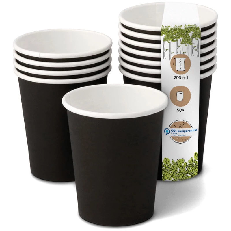 BIOZOYG 50 Stück Einwegbecher 200ml / 8oz Pappbecher Einmalbecher schwarz bedruckt Kaffee Heißgetränke Recycling biologisch kompostierbar