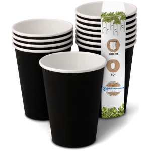 BIOZOYG 50 Stück Einwegbecher 300ml / 12oz Pappbecher Einmalbecher schwarz bedruckt Kaffee Heißgetränke Recycling biologisch kompostierbar