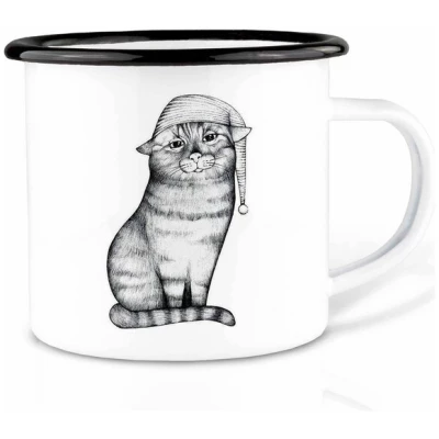 Emailletasse "Gute Nacht Katze" von LIGARTI | 300 oder 500 ml | handveredelt in Deutschland | Cup, Kaffeetasse, Emaillebecher, Camping Becher
