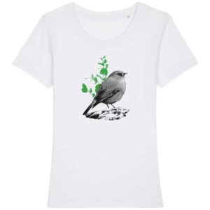 DüsselGreen Damen T-Shirt bedruckt aus Bio Baumwolle | Vogel mit Blättern