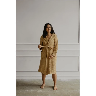 AmourLinen Damen vegan Bademantel Waffel Leinen Snuggle Senf