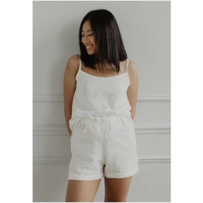 AmourLinen Damen vegan Pyjama Set Ärmellos Nachteule Weiß