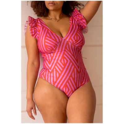 Averie Damen vegan Badeanzug Plunge One-Piece Cerise Magenta Mit Orangefarbenen Streifen