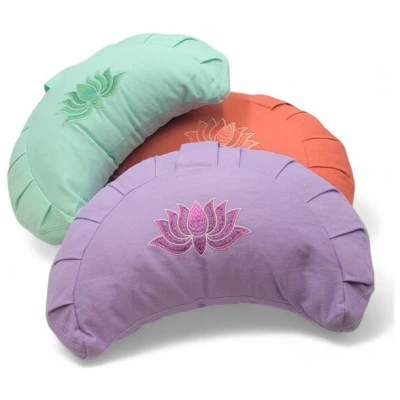 BAGHI Meditationskissen Halbmond pastellige Farben Lotus Bestickung - aus Bio-Baumwolle kbA zertifiziert Sitzhöhe 14 cm