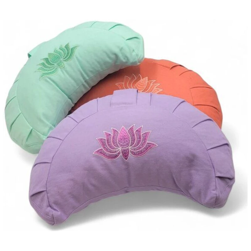 BAGHI Meditationskissen Halbmond pastellige Farben Lotus Bestickung - aus Bio-Baumwolle kbA zertifiziert Sitzhöhe 14 cm