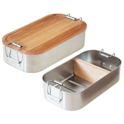 Cameleon Pack EDELSTAHL Lunchbox mit Deckel und Trennsteg aus heimischem Buchen Holz