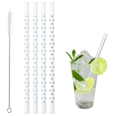 Contento Glastrinkhalm 21 cm lang, 4 Stück , Herzchen, Bürste