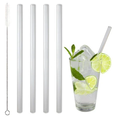 Contento Glastrinkhalm 21 cm lang, 4 Stück in Pappröhre, mit Reinigungsbürste, transparent, spülmaschinenfest, bruchsicher.