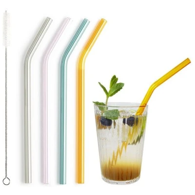 Contento Glastrinkhalm bunt 21 cm lang, gebogen, 4 Stück auf Geschenkkarte, mit Reinigungsbürste