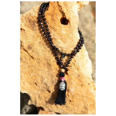 Divasya Mala Kette "Protection"| geknotet aus schwarzen Obsidian-Perlen | Buddha-Anhänger aus Sterling Silber