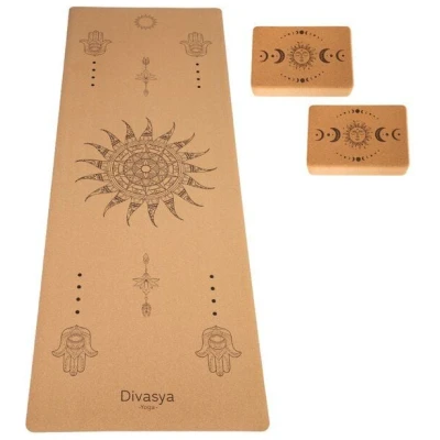 Divasya Yoga Starter-Set: Yogamatte aus Kork & Naturkautschuk + 2 Kork-Blöcke
