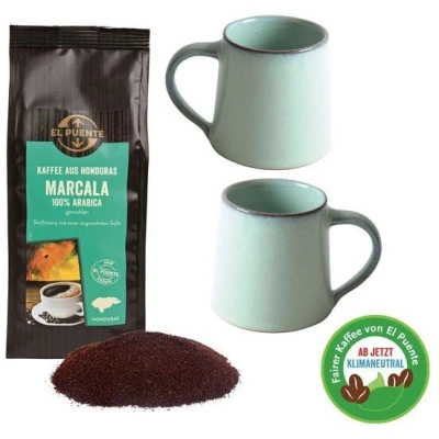 El Puente "Have a cup of coffee with me" Geschenk-Set mit Fair Trade Bio-Kaffeebohnen und Handmade Keramik Bechern
