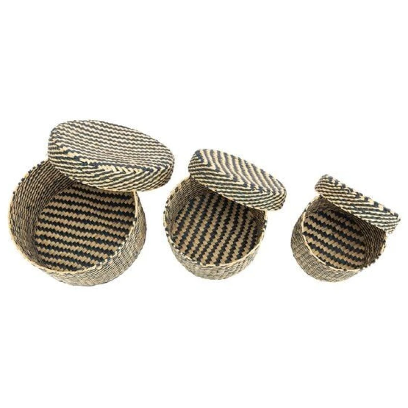 El Puente Körbe mit Deckel, 3er-Set Seegras, natur/blau, 19 x 12 cm, 16 x 10,5 cm und 13 x 9 cm