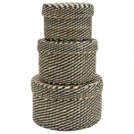 El Puente Körbe mit Deckel, 3er-Set Seegras, natur/blau, 19 x 12 cm, 16 x 10,5 cm und 13 x 9 cm