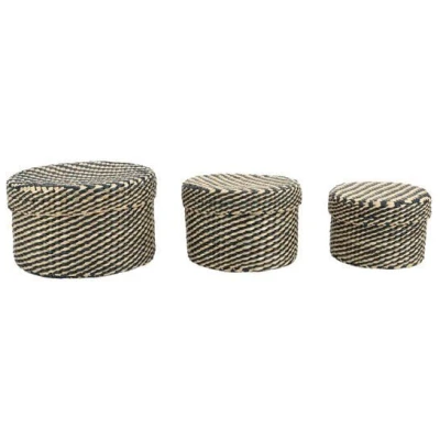 El Puente Körbe mit Deckel, 3er-Set Seegras, natur/blau, 19 x 12 cm, 16 x 10,5 cm und 13 x 9 cm