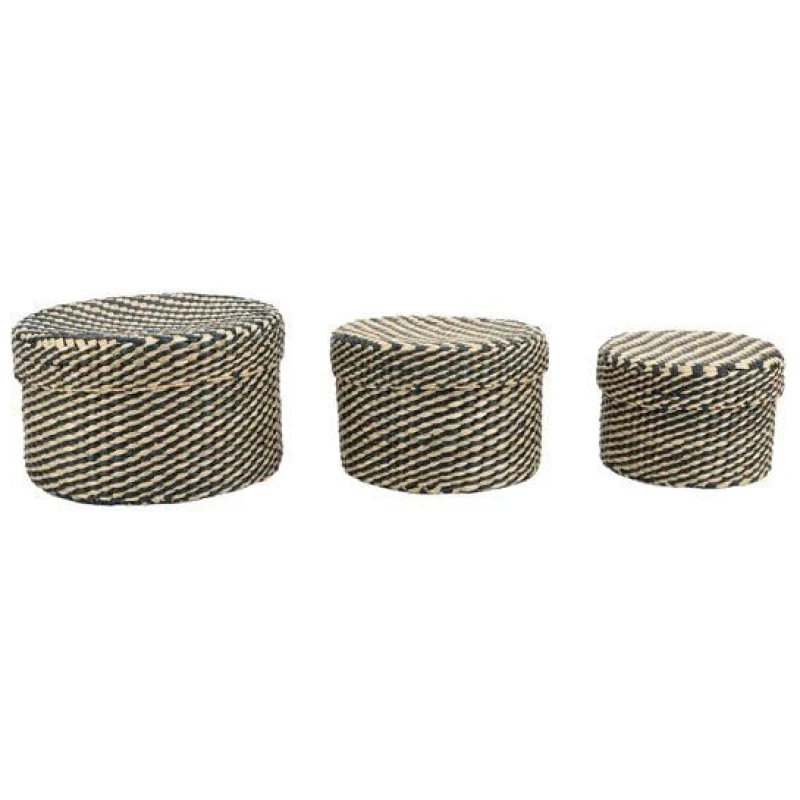 El Puente Körbe mit Deckel, 3er-Set Seegras, natur/blau, 19 x 12 cm, 16 x 10,5 cm und 13 x 9 cm
