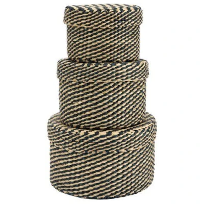 El Puente Körbe mit Deckel, 3er-Set Seegras, natur/blau, 19 x 12 cm, 16 x 10,5 cm und 13 x 9 cm